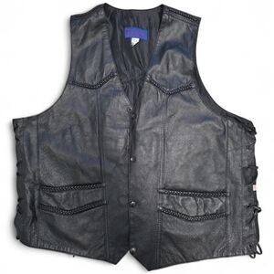 Womens Genuine Leather Black Motorcycle Biker Vest Size XL Purple Floral Embroid